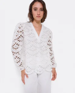 Blusa Escote Pico Guipur Blanco