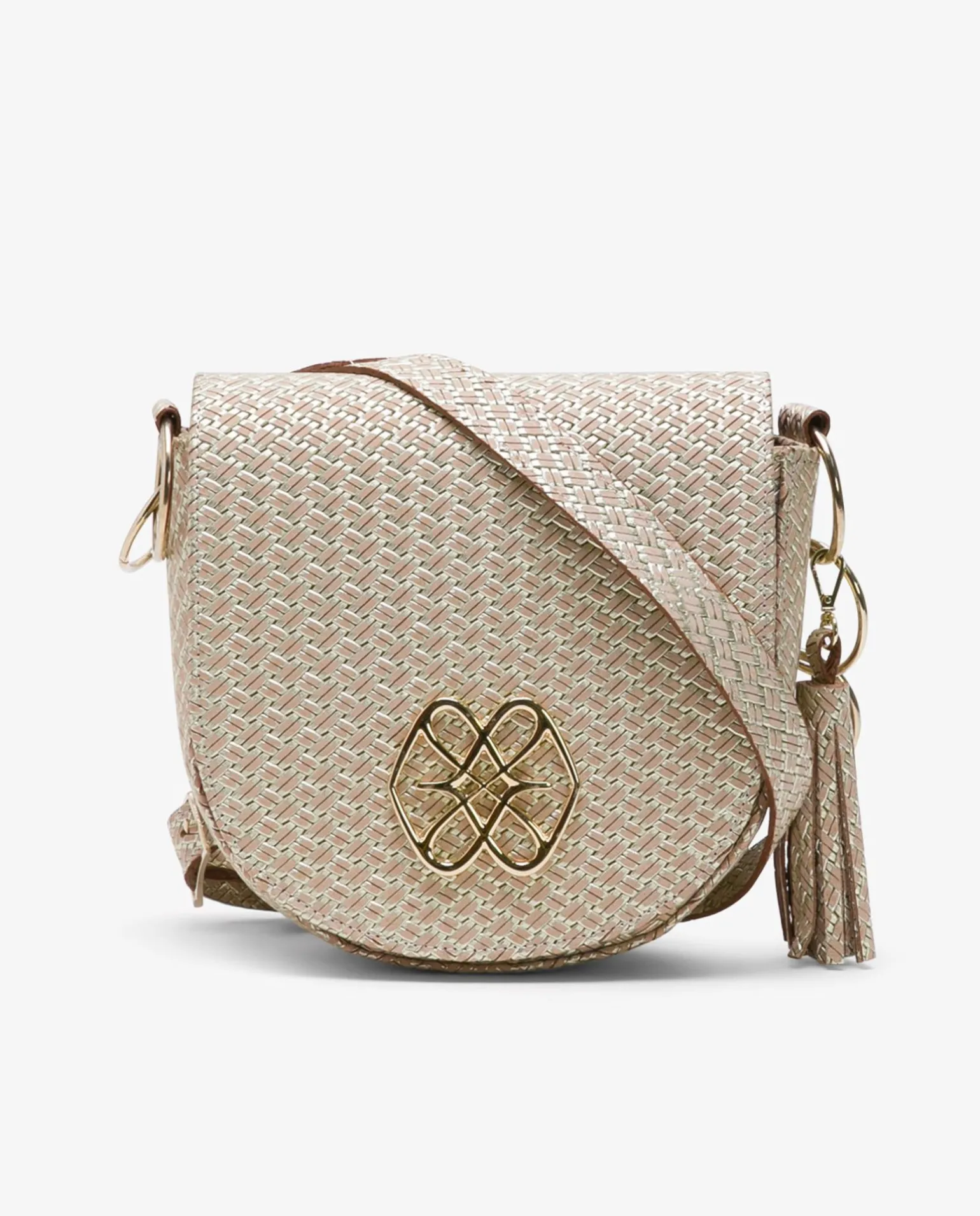 Bolso Bandolera Borlas Piel Trenzada Oro