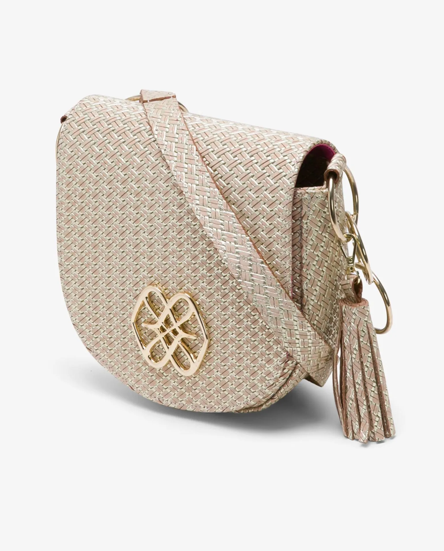 Bolso Bandolera Borlas Piel Trenzada Oro