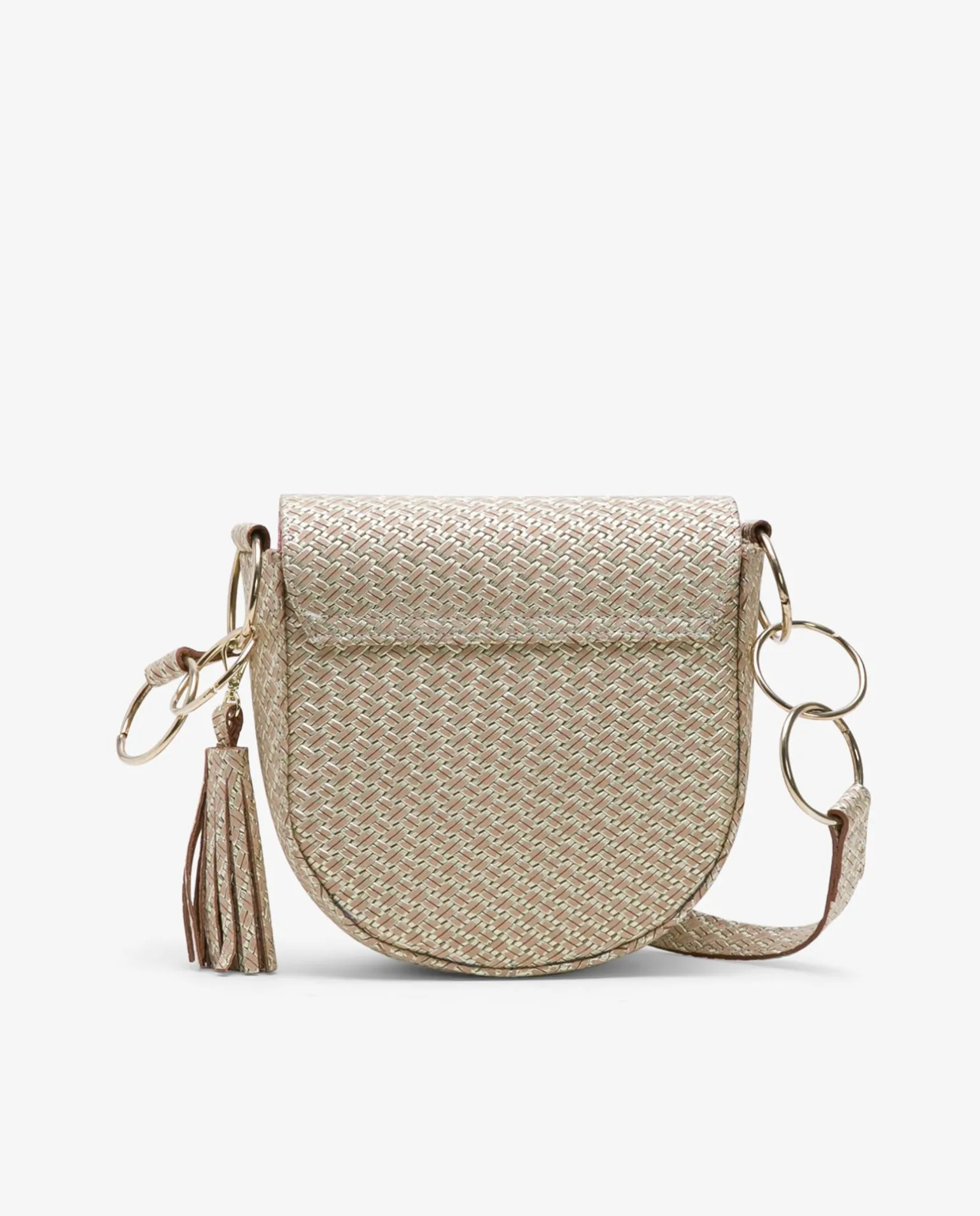 Bolso Bandolera Borlas Piel Trenzada Oro