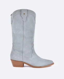 Bota Cowboy Tacón Bajo Serraje Celeste