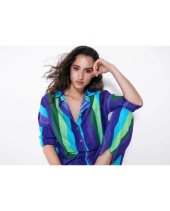 Camisa Oversize Algodon Rayas Azul