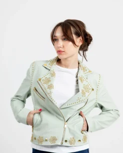 Chaqueta Biker Tachas Piel Verde