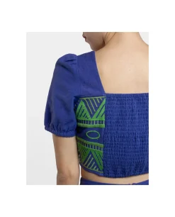Crop Top Manga Algodon Azul