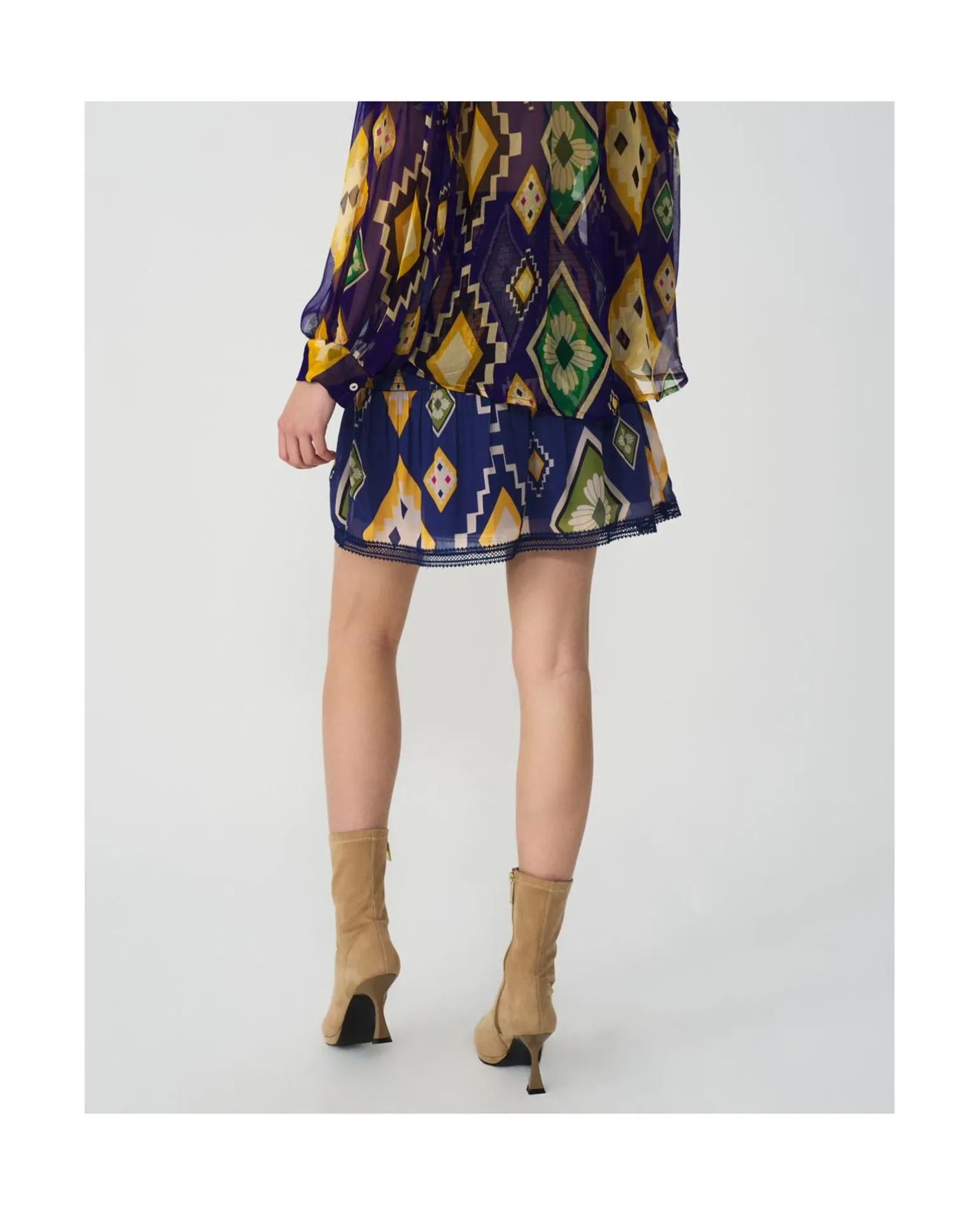 Falda Cintura Fruncida Textil Geometrico Azul