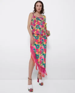 Falda Pareo Flecos Saten Estampado Flores