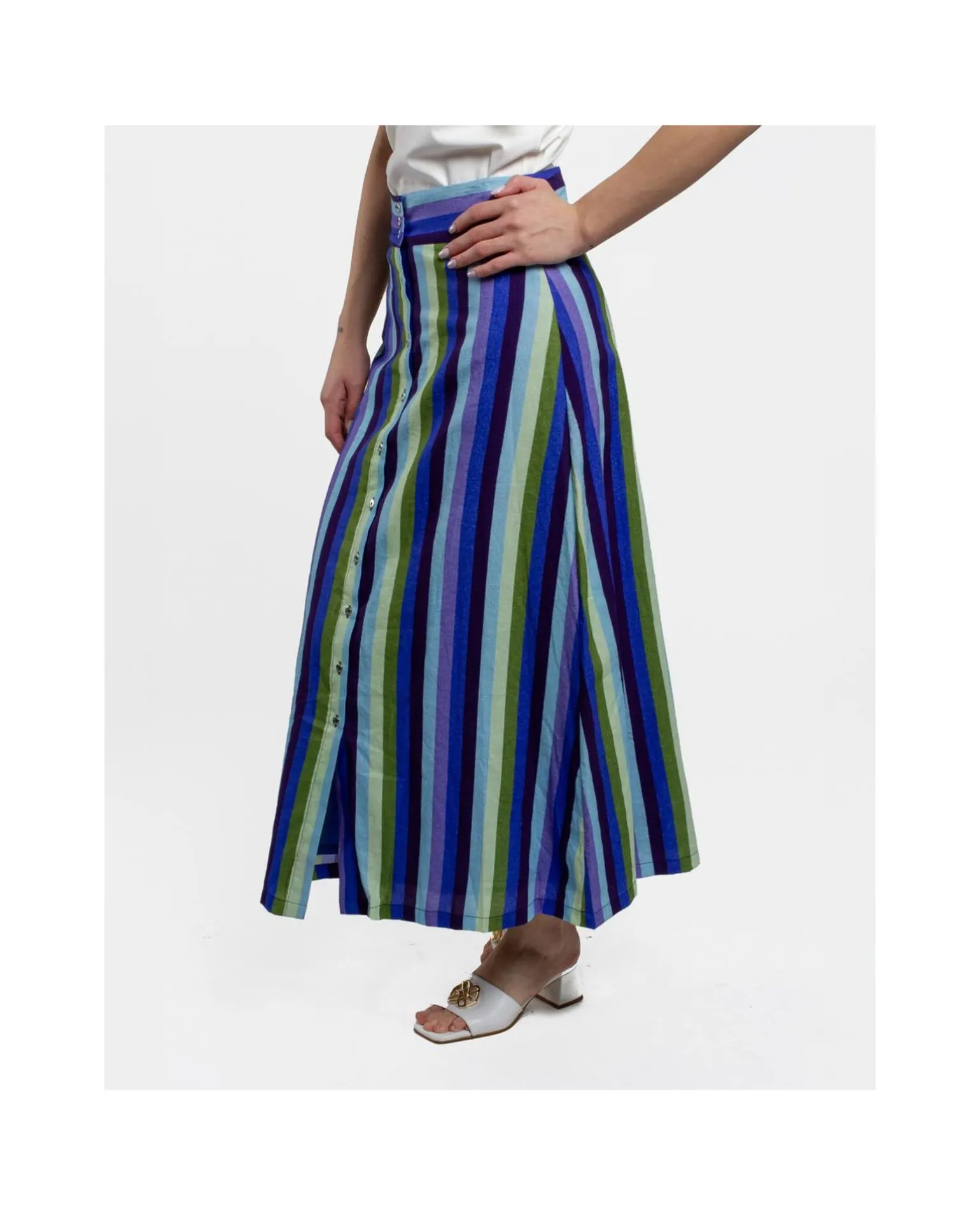 Maxi Falda Botones Bord. Algodon Rayas Azul