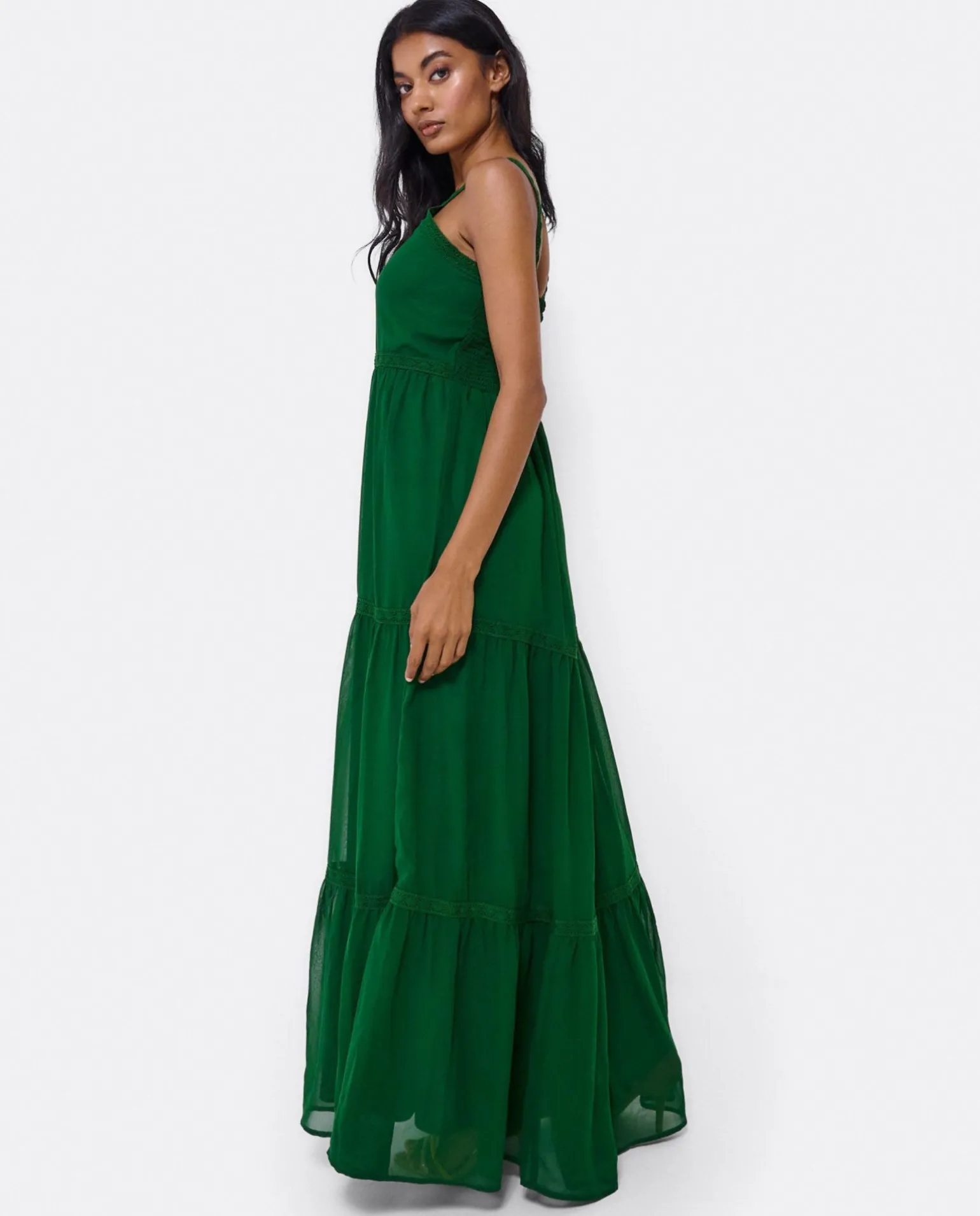 Maxi Vestido Tirantes Encaje Algodon Verde
