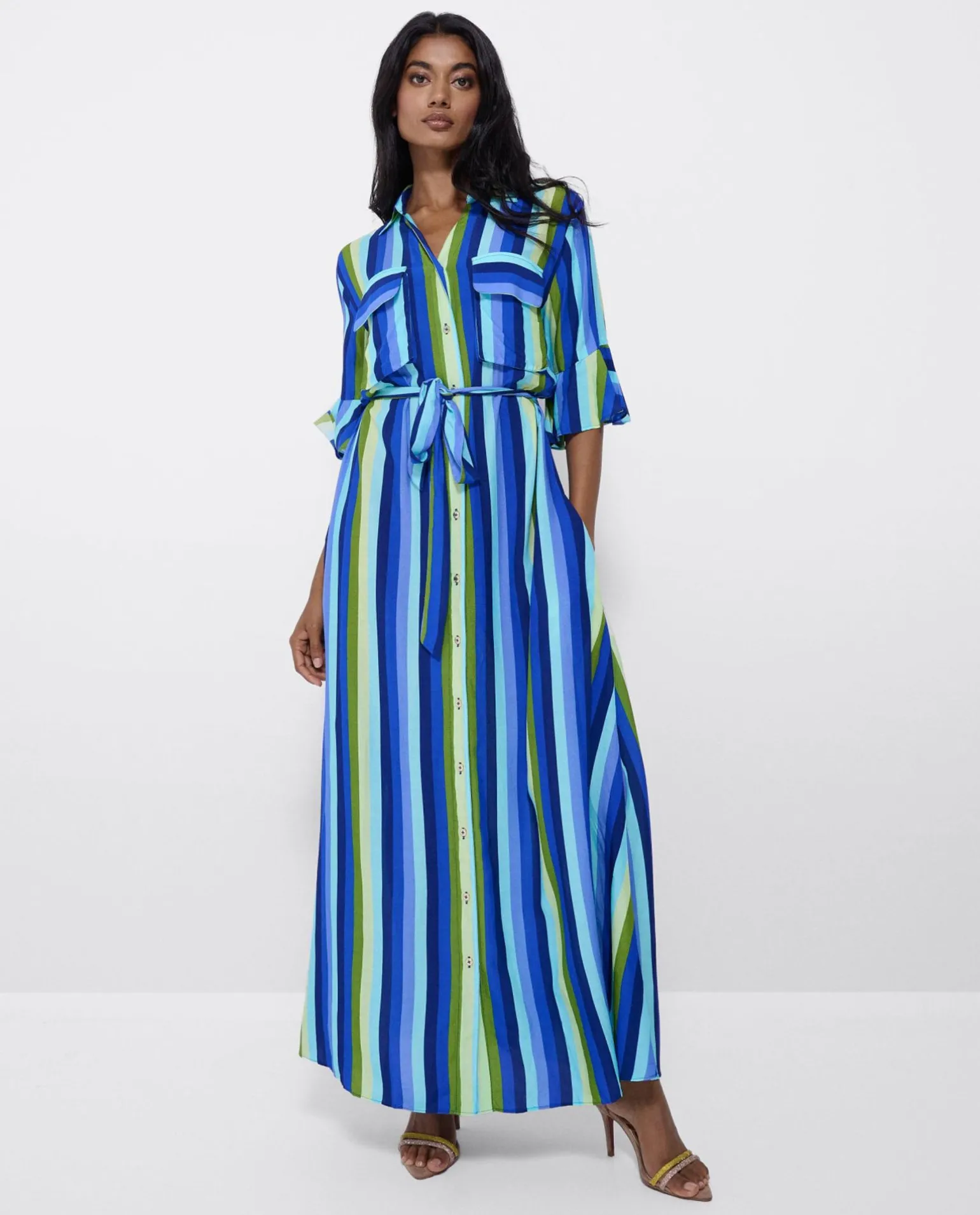 Maxivestido Camisero Algodon Rayas Azul