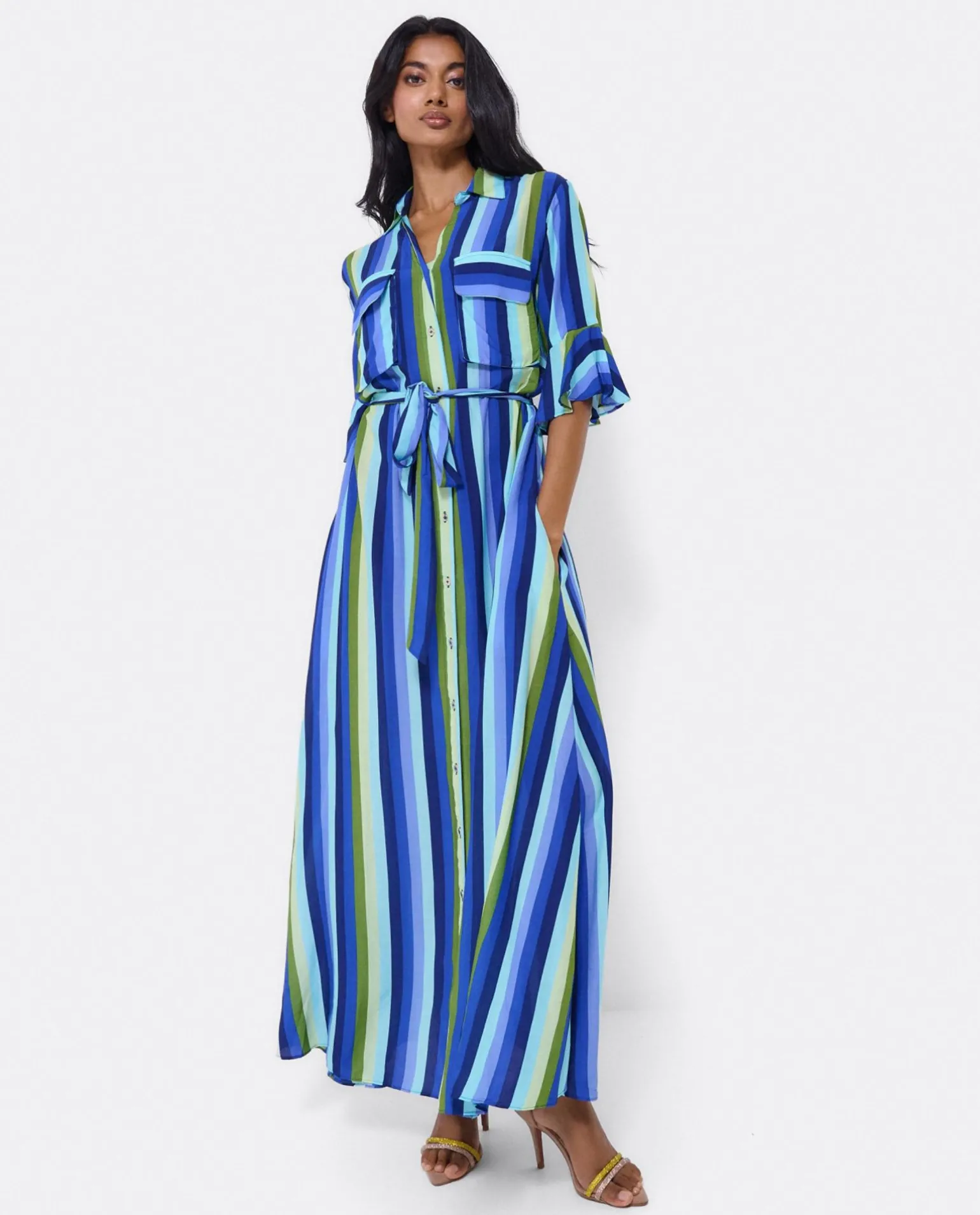 Maxivestido Camisero Algodon Rayas Azul