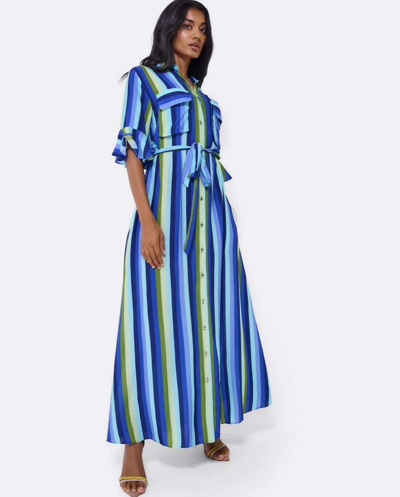 Maxivestido Camisero Algodon Rayas Azul