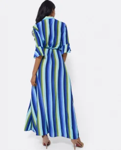 Maxivestido Camisero Algodon Rayas Azul