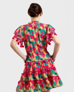 Mini Vestido Pompones Saten Estampado Flores