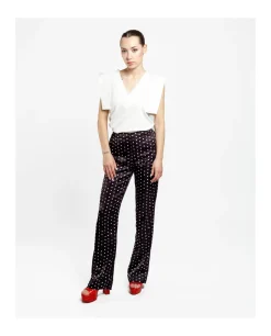 Pantalon Recto Saten Lunares Blanco Negro
