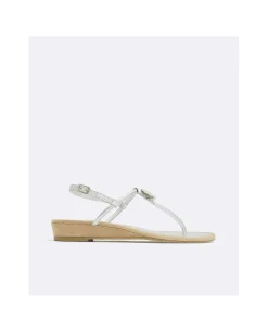 Sandalia Brillante Dedo Piel Metalizado Plata