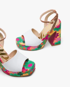 Sandalia Flataforma Flores Piel Blanco