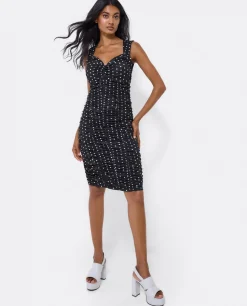 Vestido Ajustado Drapeado Punto Lunares Blanco Neg