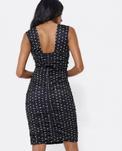 Vestido Ajustado Drapeado Punto Lunares Blanco Neg