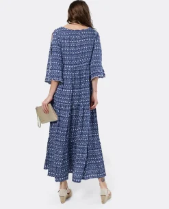 Vestido Boho Viscosa Geometrico Azul