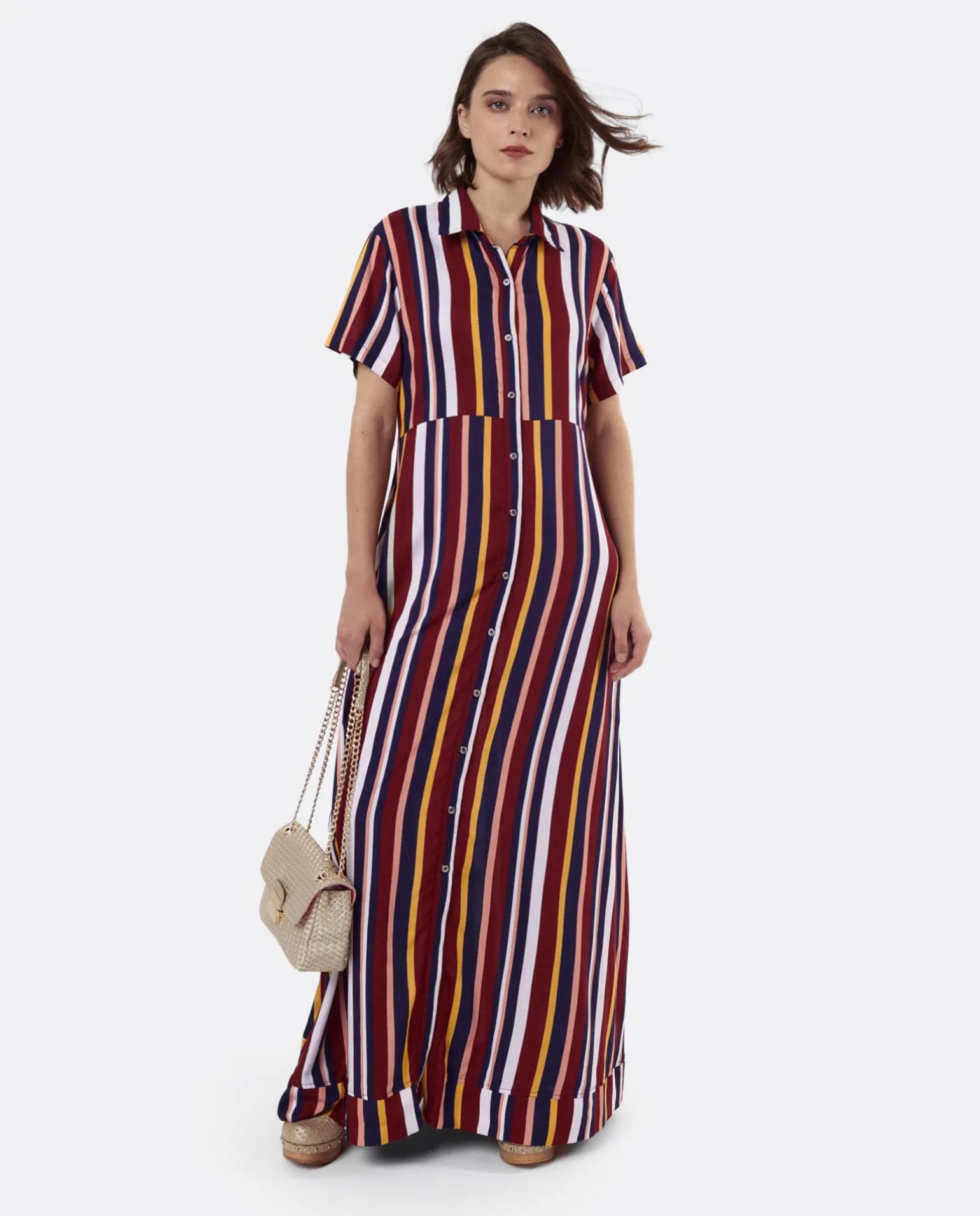 Vestido Camisero Largo Viscosa Rayas Rojas