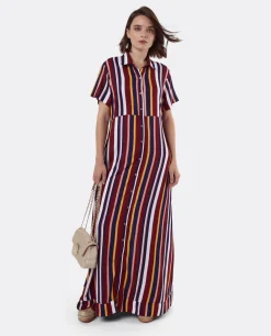 Vestido Camisero Largo Viscosa Rayas Rojas