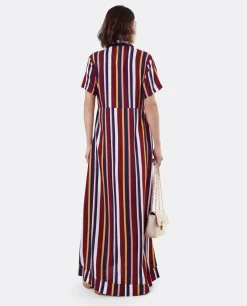 Vestido Camisero Largo Viscosa Rayas Rojas