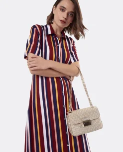 Vestido Camisero Largo Viscosa Rayas Rojas