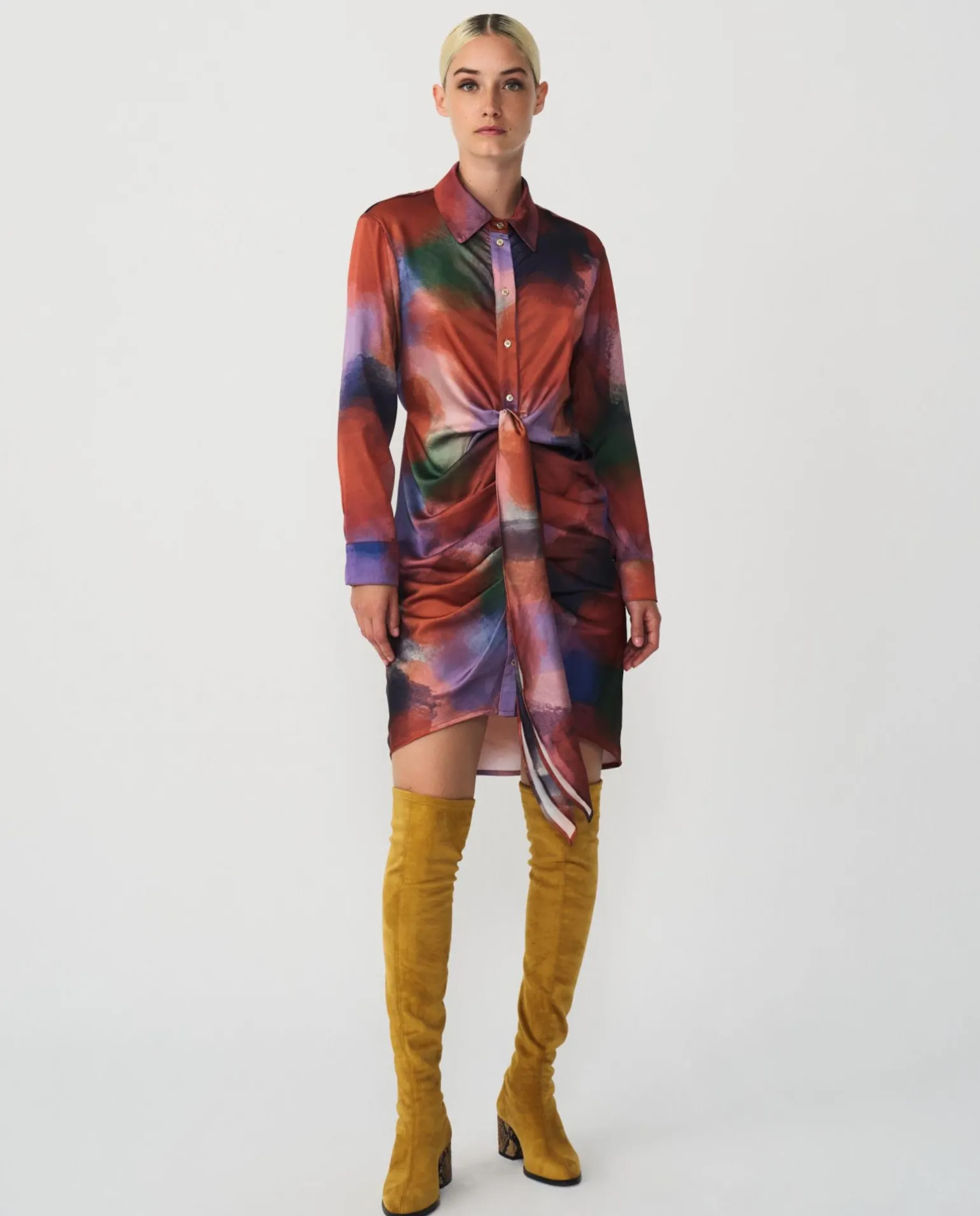 Vestido Camisero Nudo Sedin Estampado Acuarela