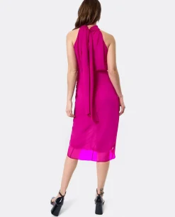 Vestido Escote Halter Gasa Fucsia