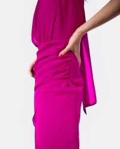 Vestido Escote Halter Gasa Fucsia
