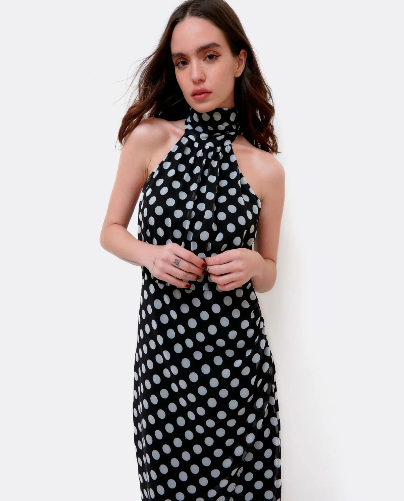 Vestido Escote Halter Gasa Lunares