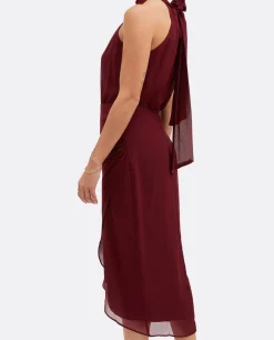 Vestido Escote Halter Gasa Burdeos