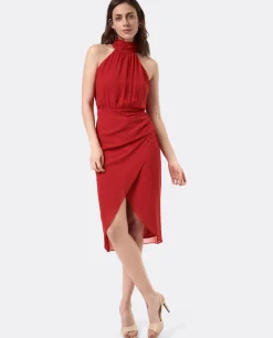 Vestido Escote Halter Gasa Rojo