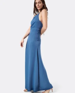 Vestido Fiesta Escote Halter Saten Azul Petroleo