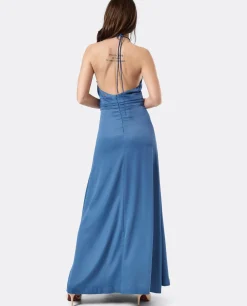 Vestido Fiesta Escote Halter Saten Azul Petroleo