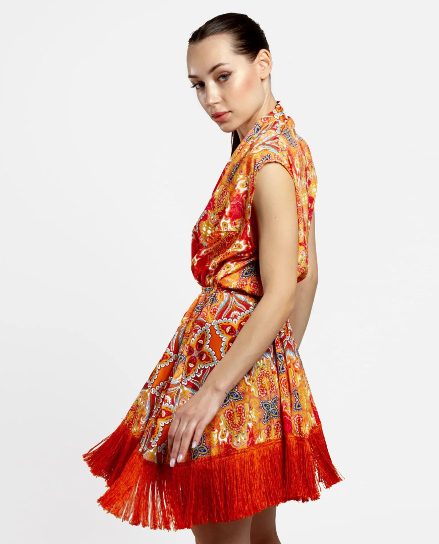 Vestido Kimono Saten Estampado Cachemiras