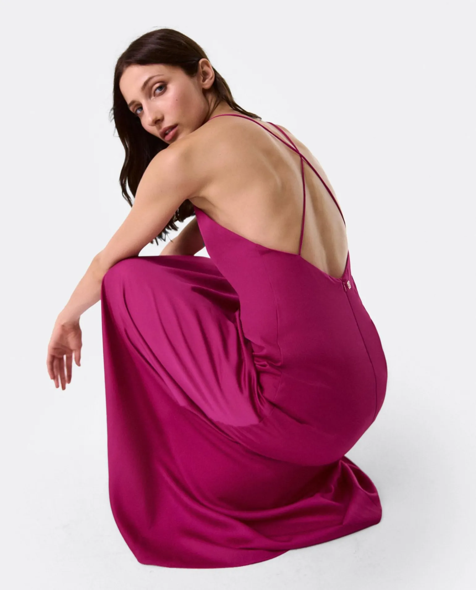 Vestido Largo Fiesta Tirantes Saten Fucsia