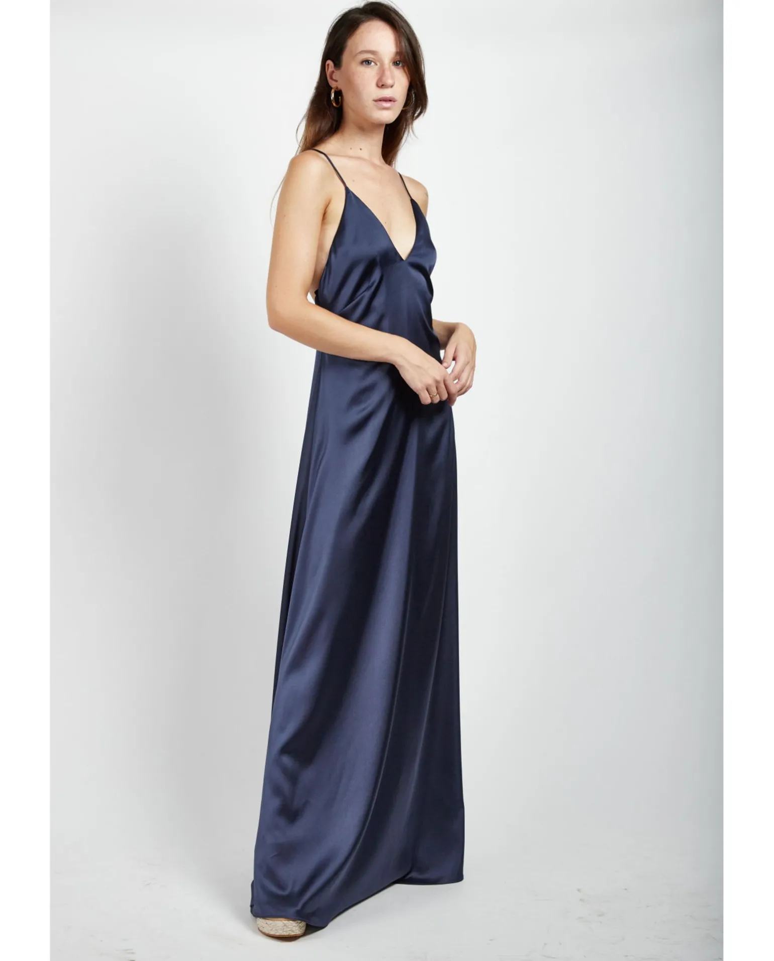 Vestido Largo Fiesta Tirantes Saten Marino