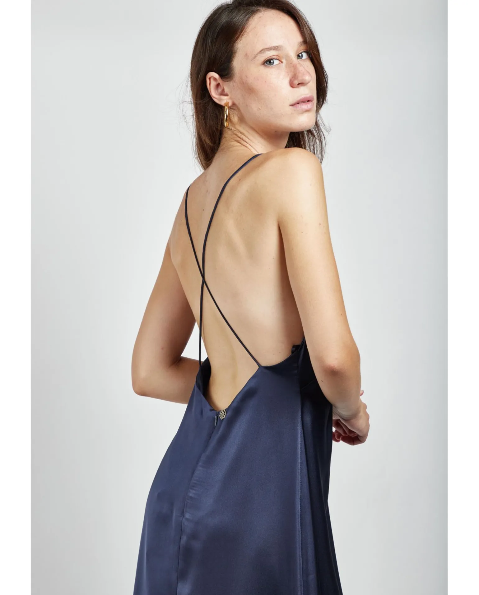 Vestido Largo Fiesta Tirantes Saten Marino