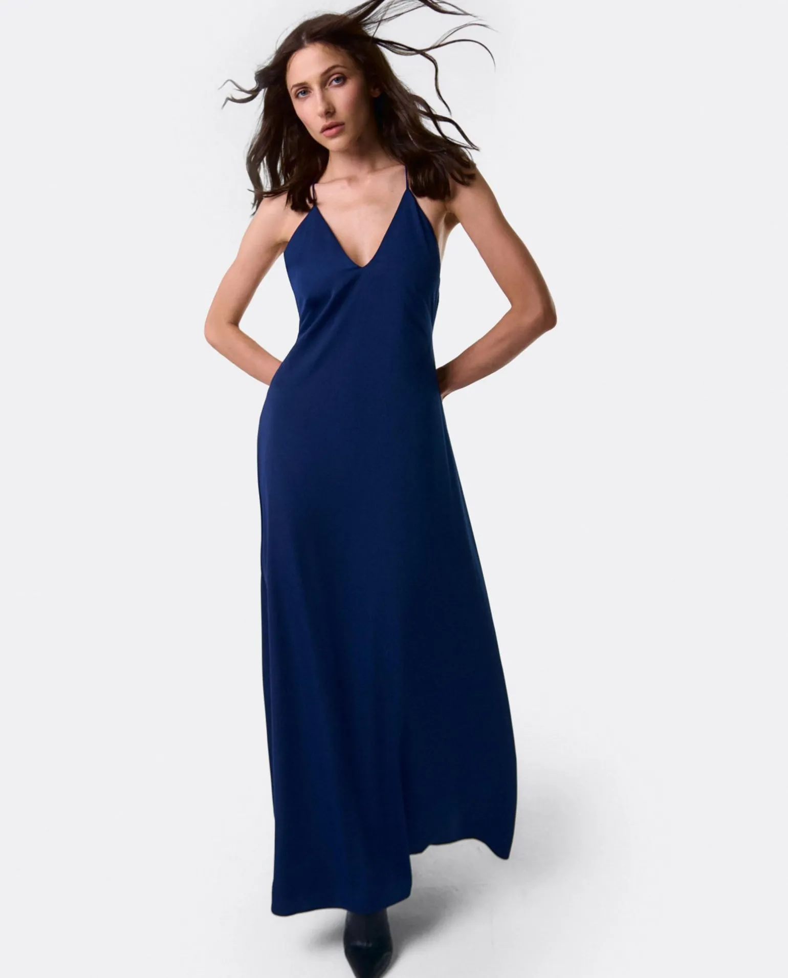 Vestido Largo Fiesta Tirantes Crep Marino