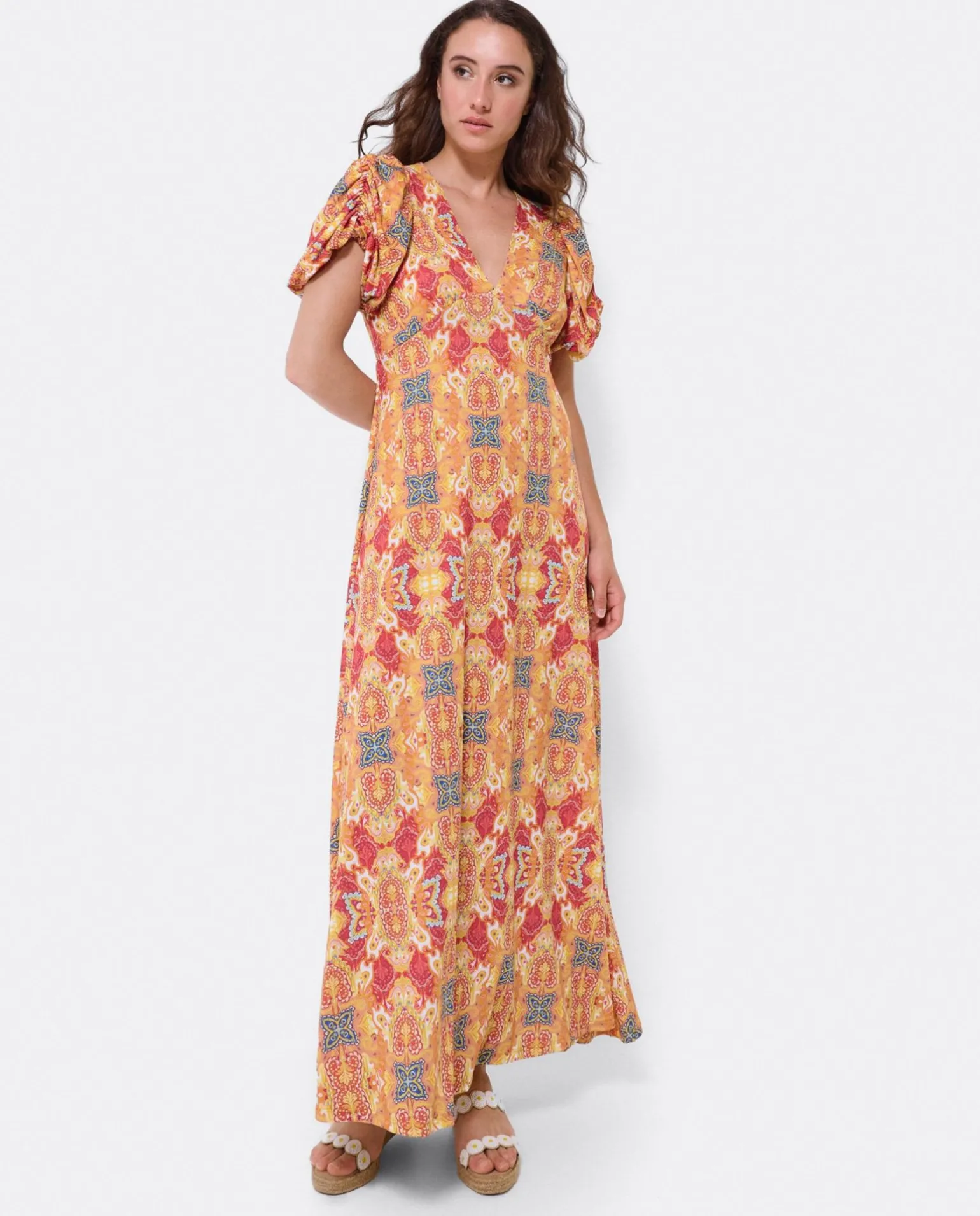 Vestido Manga Abullonada Punto Estampado Cachemira