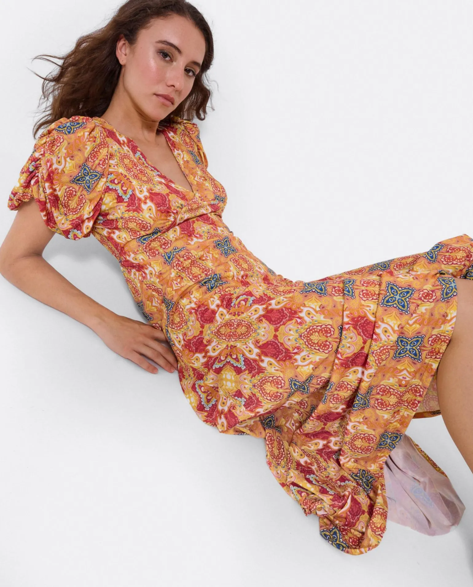 Vestido Manga Abullonada Punto Estampado Cachemira