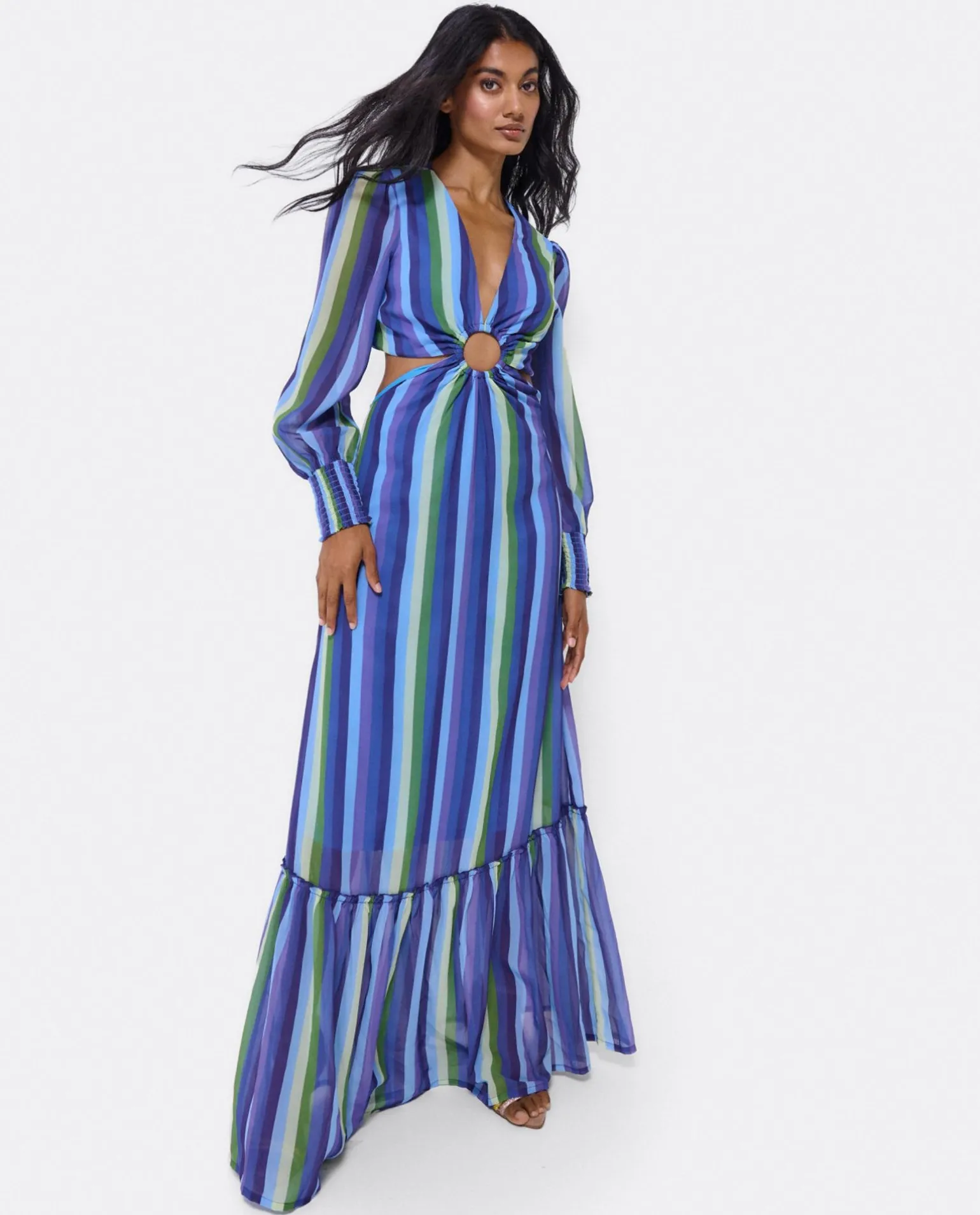 Vestido Midi Aro Delantero Gasa Rayas Azul