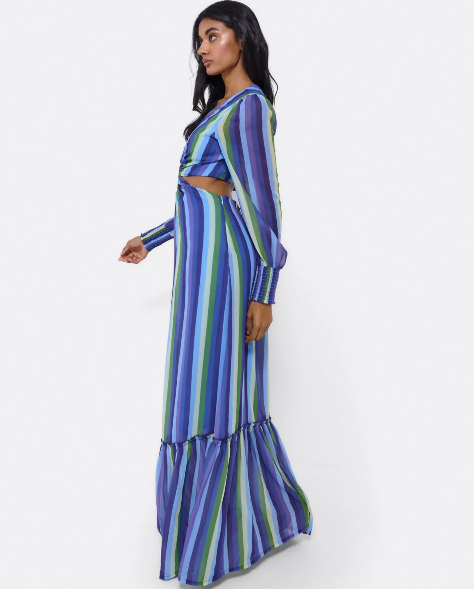 Vestido Midi Aro Delantero Gasa Rayas Azul