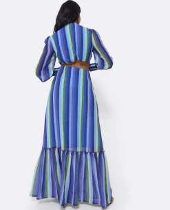 Vestido Midi Aro Delantero Gasa Rayas Azul