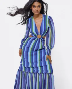 Vestido Midi Aro Delantero Gasa Rayas Azul