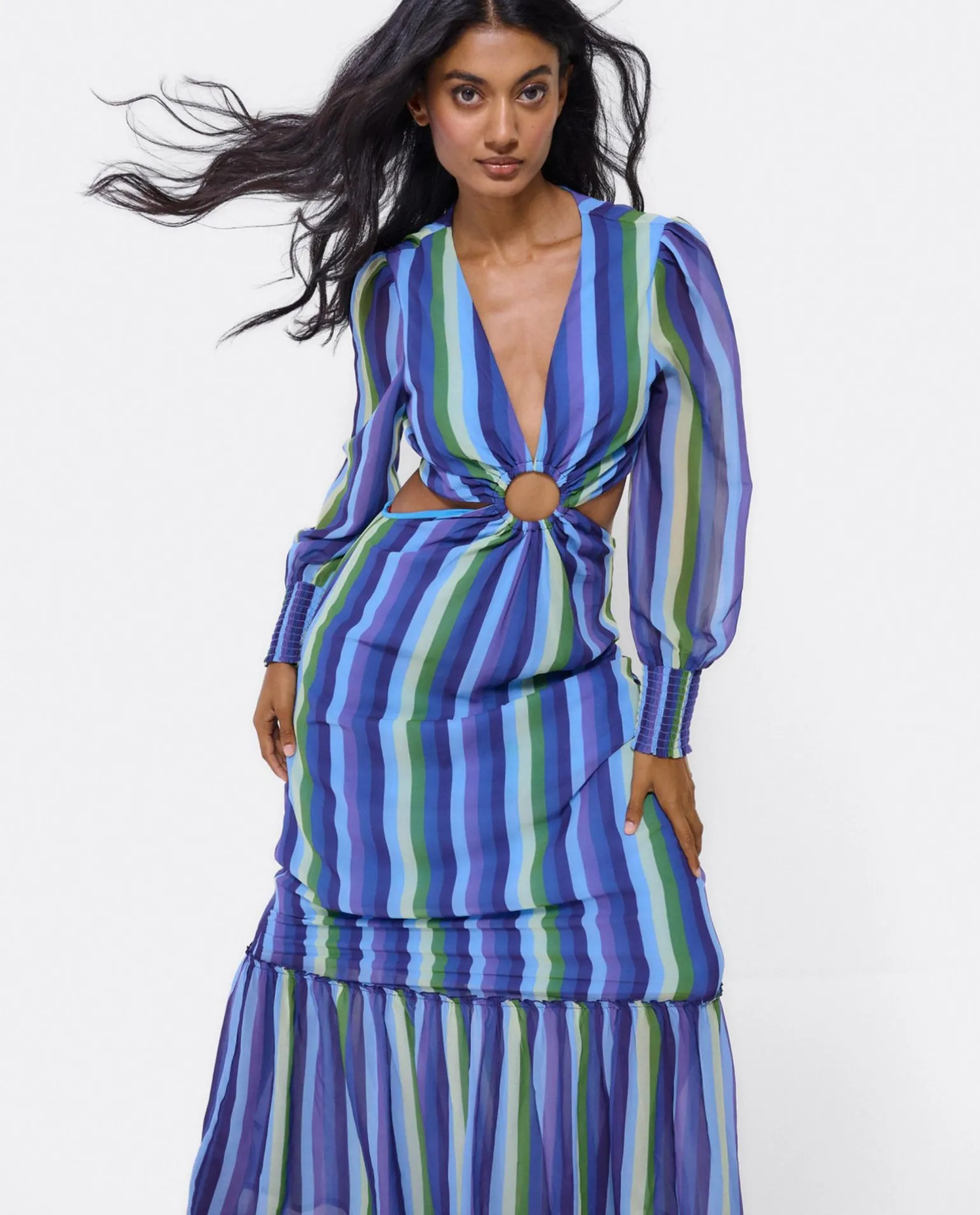 Vestido Midi Aro Delantero Gasa Rayas Azul