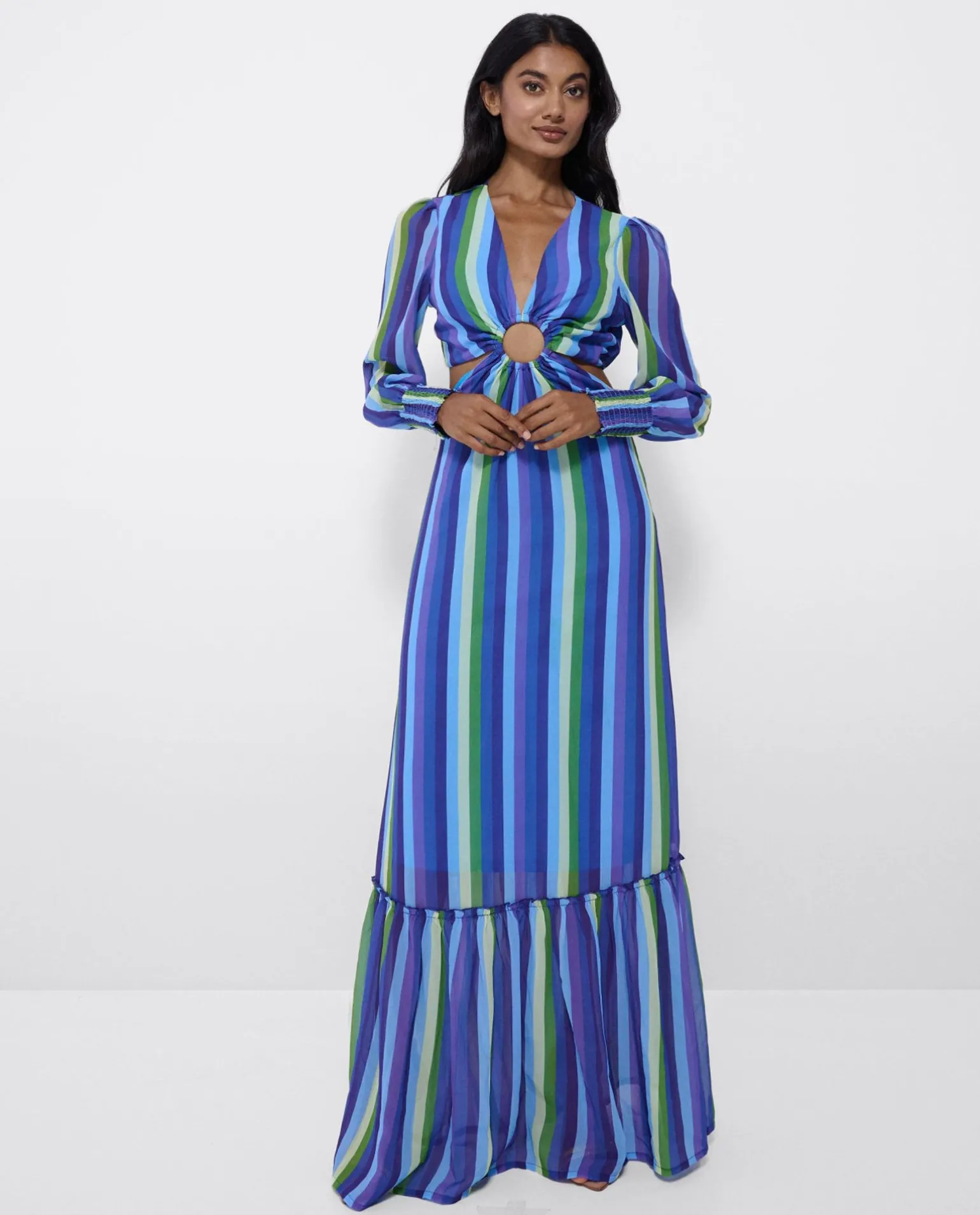 Vestido Midi Aro Delantero Gasa Rayas Azul