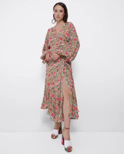 Vestido Midi Cruzado Gasa Estampado Flores