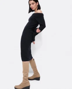 Vestido Midi Escote Drapeado Punto Negro